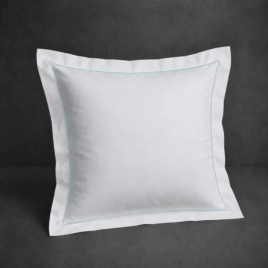 White polycotton percale 200TC Oxford pillow case, Continental, duck egg one-row satin stitch — front view.