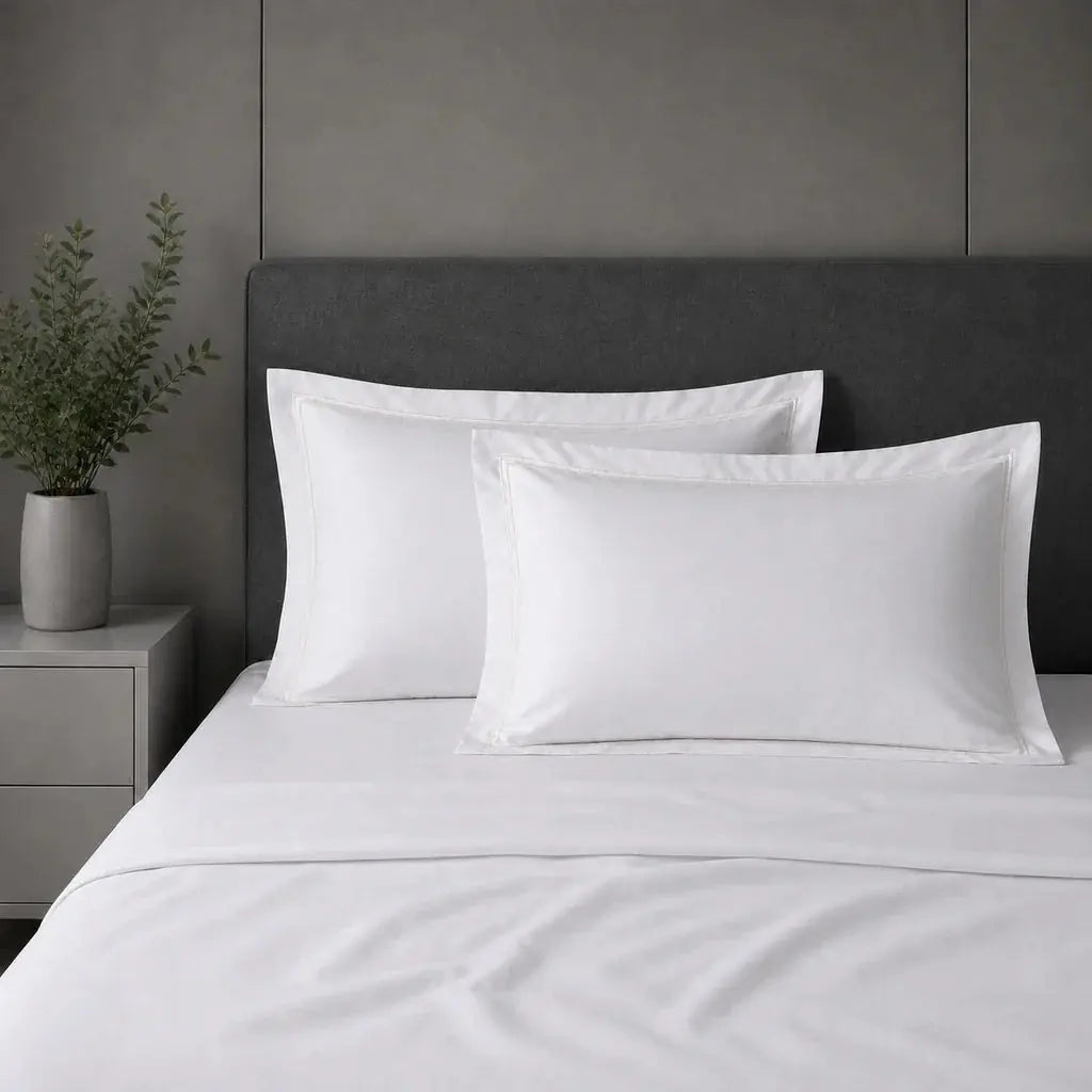 White polycotton percale 200TC Oxford pillow cases on a bed with Cream two-row satin stitch.