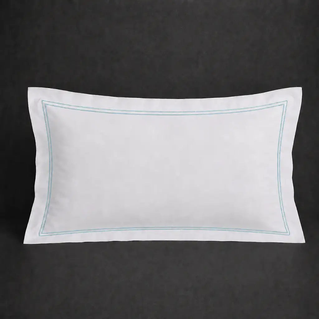 White polycotton percale 200TC Oxford pillow case, Standard and King, duck egg two-row satin stitch — front view.