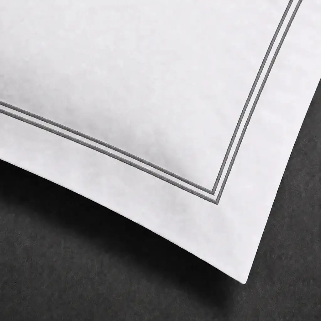 White polycotton percale 200TC Oxford pillow case, Standard and King, grey two-row satin stitch — close-up detail.