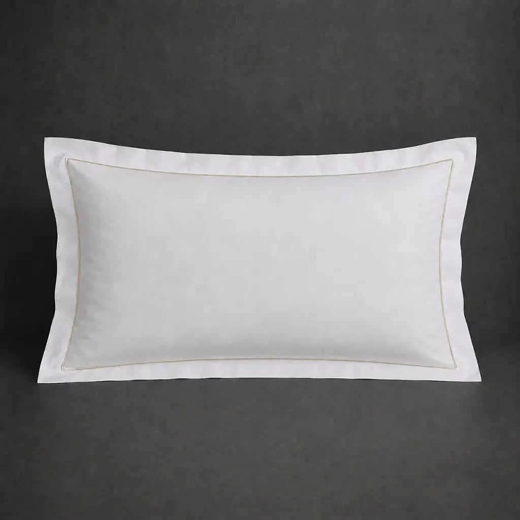 White polycotton percale 200TC Oxford pillow case, Standard and King, stone one-row satin stitch — front view.