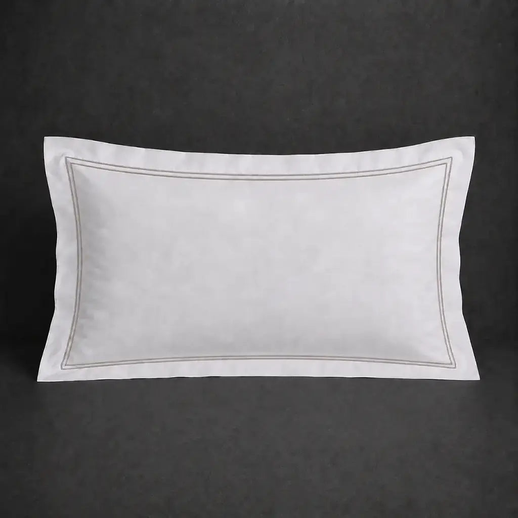 White polycotton percale 200TC Oxford pillow case, Standard and King, stone two-row satin stitch — front view.