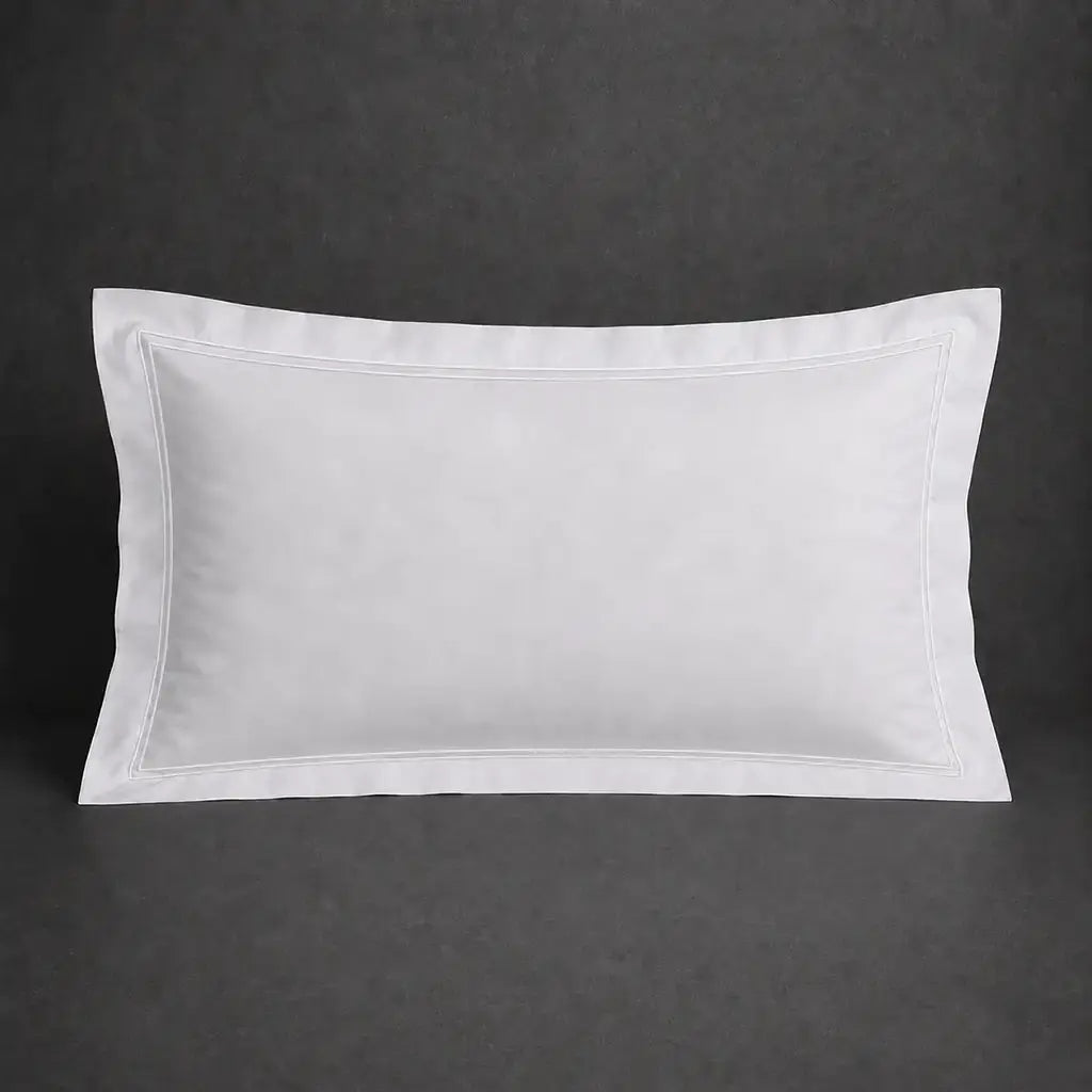 White polycotton percale 200TC Oxford pillow case, Standard and King, white two-row satin stitch — front view.