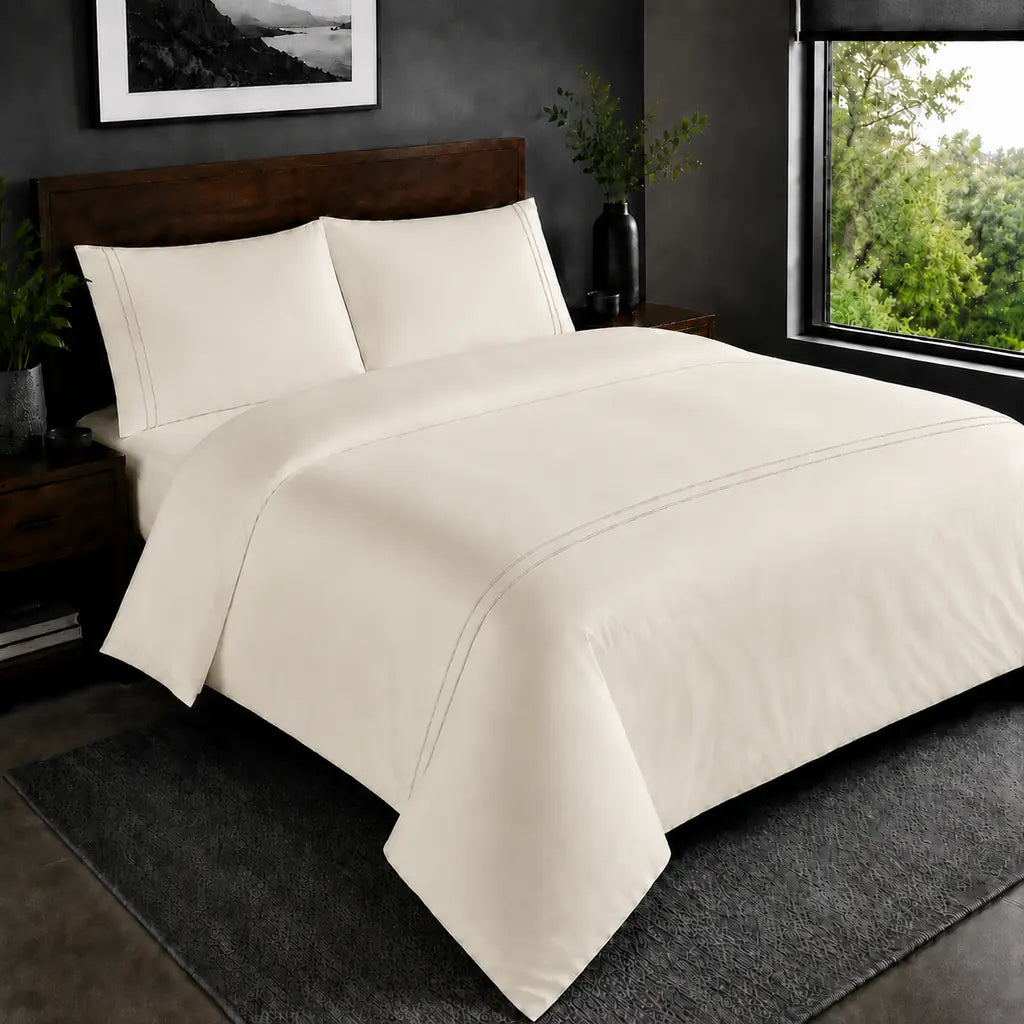 Cream 200TC plain duvet cover with Cream two row satin stitch - hero - Linen and Co