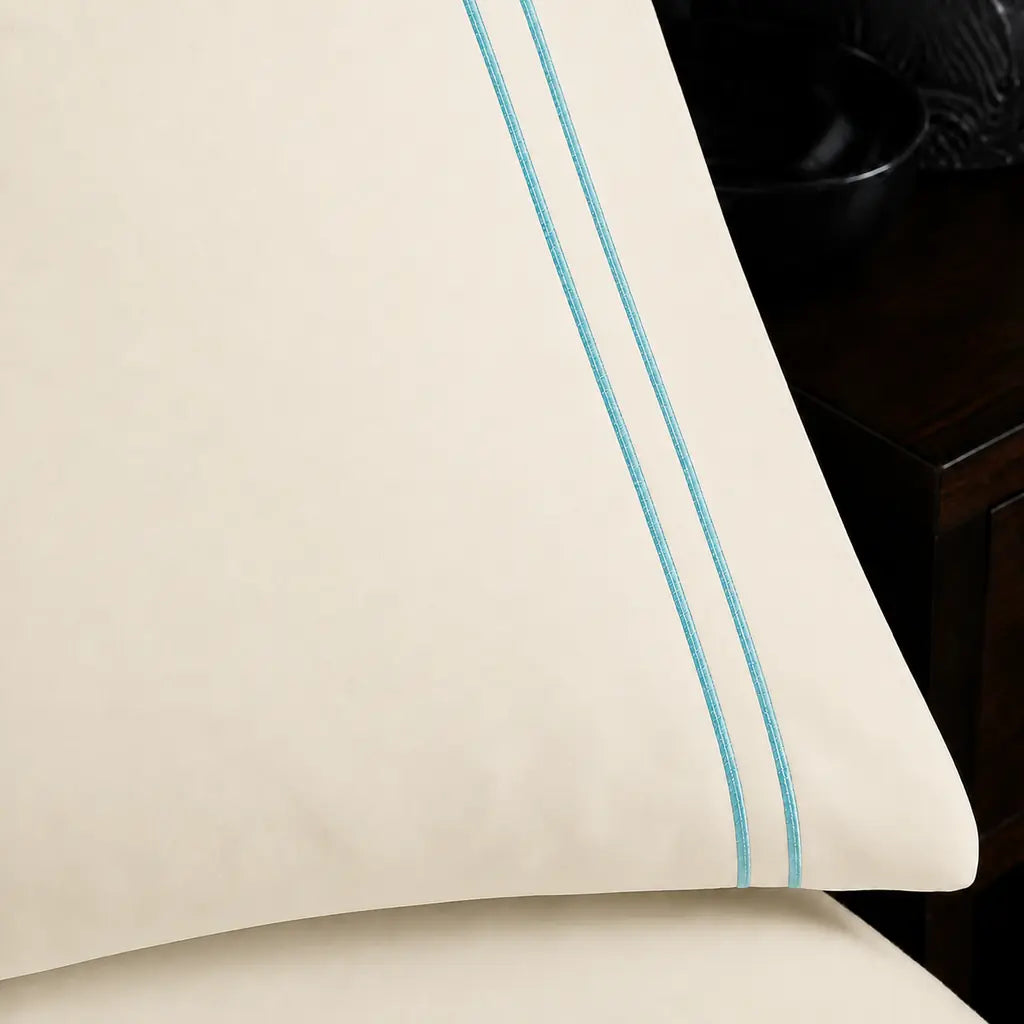 Cream 200TC plain duvet cover with Duck Egg two row satin stitch - close-up satin stitch - Linen and Co