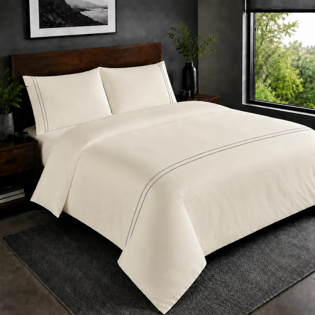 Cream 200TC plain duvet cover with Grey two row satin stitch - hero - Linen and Co