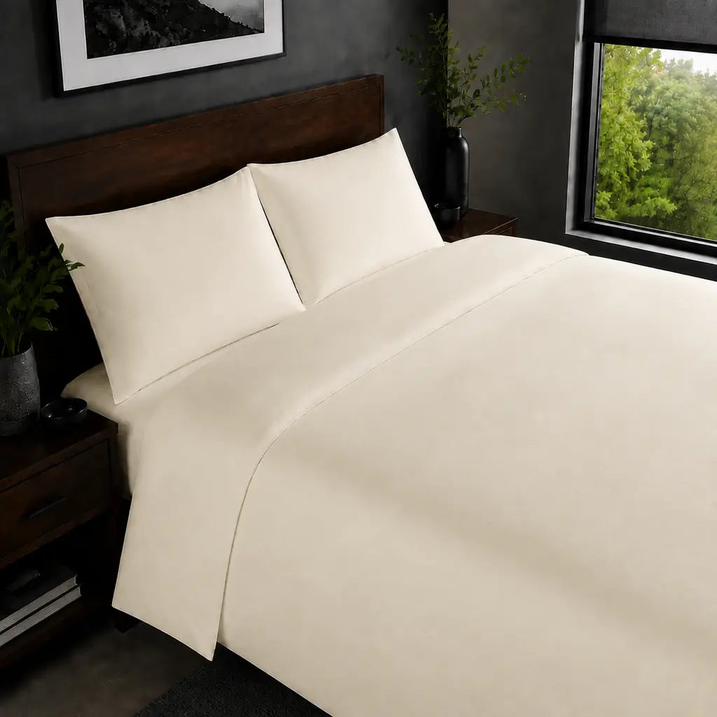 Cream 200TC plain duvet cover with no satin stitch - on the bed - Linen and Co
