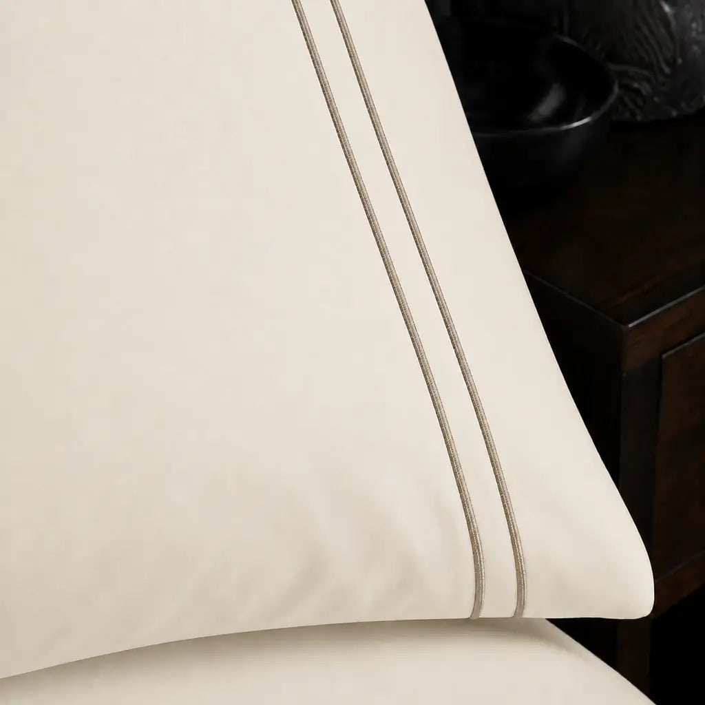Cream 200TC plain duvet cover with Stone two row satin stitch - close-up satin stitch - Linen and Co