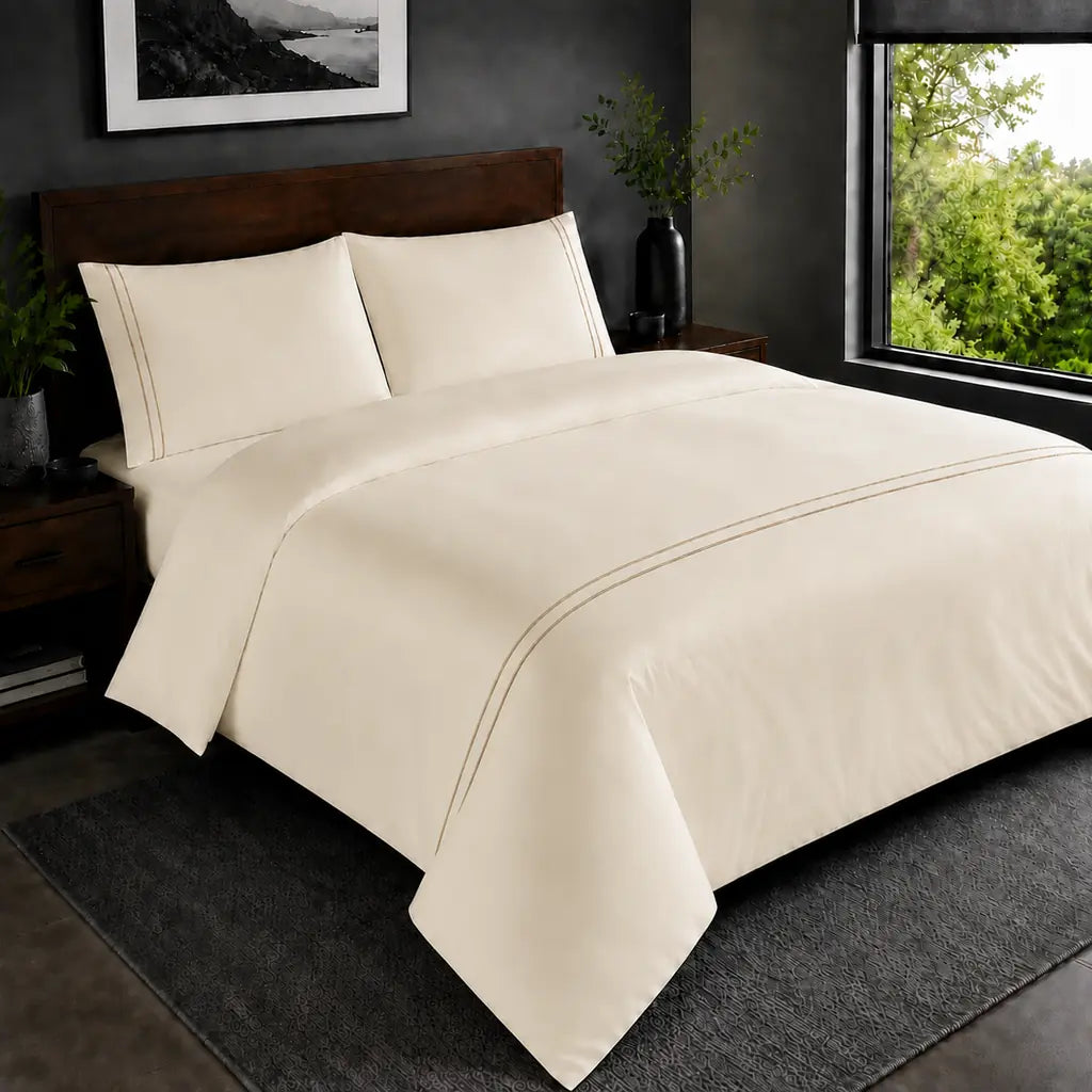 Cream 200TC plain duvet cover with Stone two row satin stitch - hero - Linen and Co