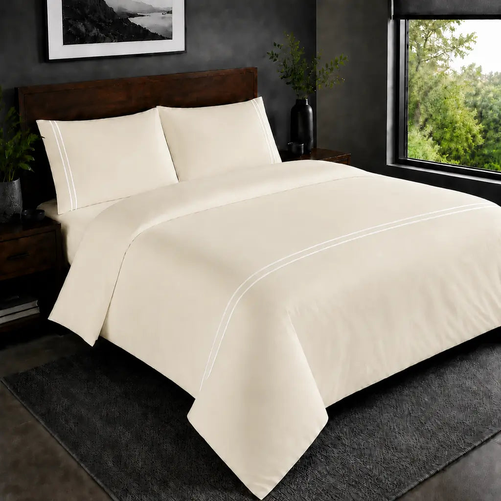 Cream 200TC plain duvet cover with White two row satin stitch - hero - Linen and Co