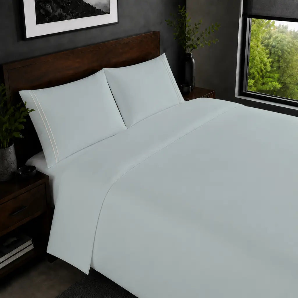 Duck Egg Polycotton Percale 200TC duvet cover set with cream two-row satin stitch in an alternative bedroom view.