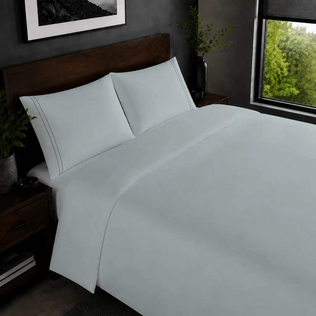 Duck Egg Polycotton Percale 200TC duvet cover set with grey two-row satin stitch in an alternative bedroom view.