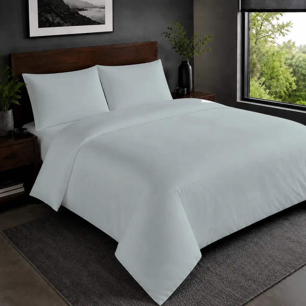Duck Egg Polycotton Percale 200TC plain duvet cover set in the hero bedroom view.