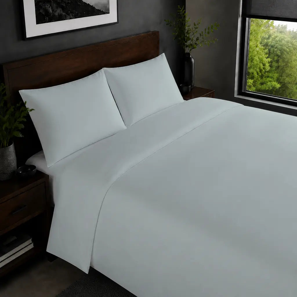 Duck Egg Polycotton Percale 200TC plain duvet cover set in an alternative bedroom view.
