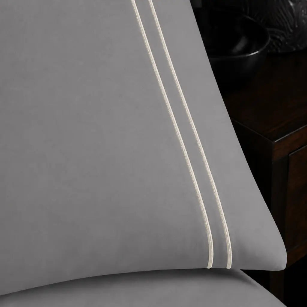 Grey 200TC plain duvet cover with Cream two row satin stitch - close-up satin stitch - Linen and Co