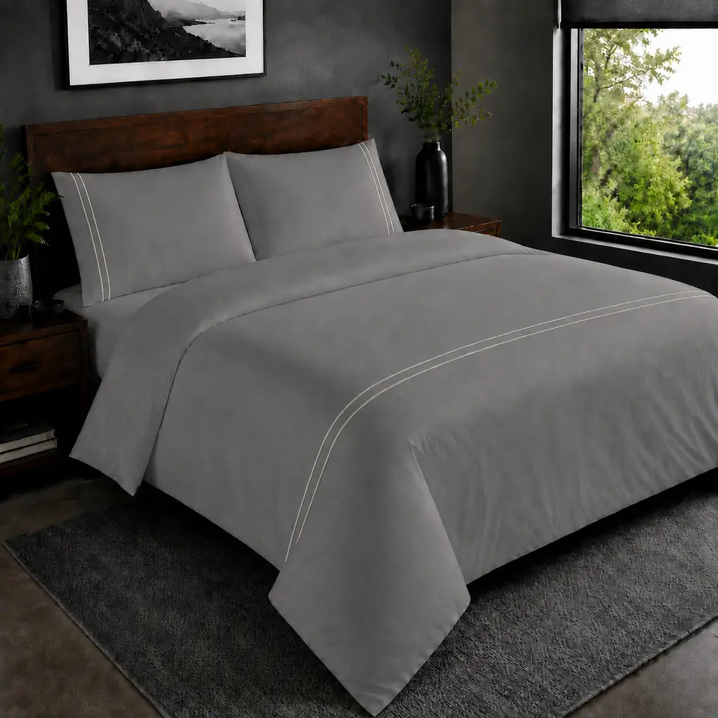 Grey 200TC plain duvet cover with Cream two row satin stitch - hero - Linen and Co