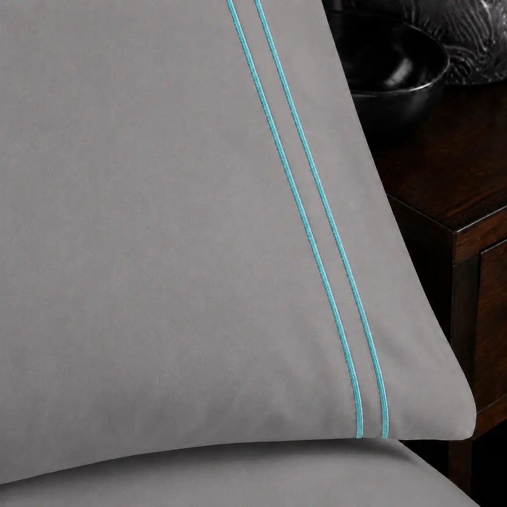 Grey 200TC plain duvet cover with Duck Egg two row satin stitch - close-up satin stitch - Linen and Co