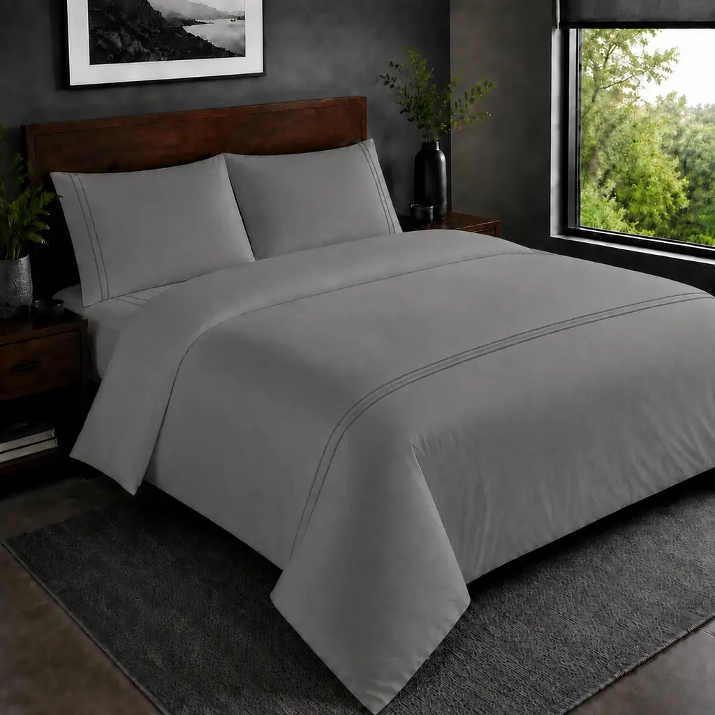 Grey 200TC plain duvet cover with Grey two row satin stitch - hero - Linen and Co