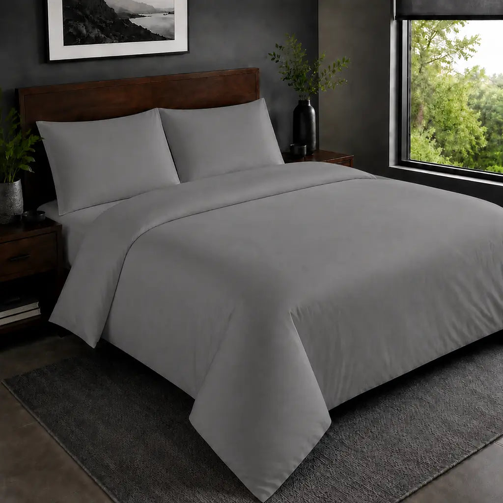 Grey 200TC plain duvet cover with no satin stitch - hero - Linen and Co
