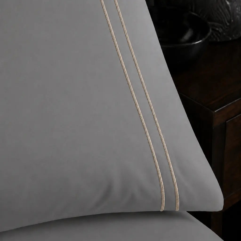 Grey 200TC plain duvet cover with Stone two row satin stitch - close-up satin stitch - Linen and Co