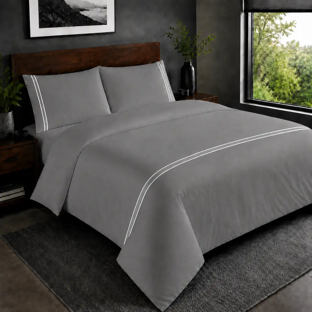 Grey 200TC plain duvet cover with White two row satin stitch - hero - Linen and Co