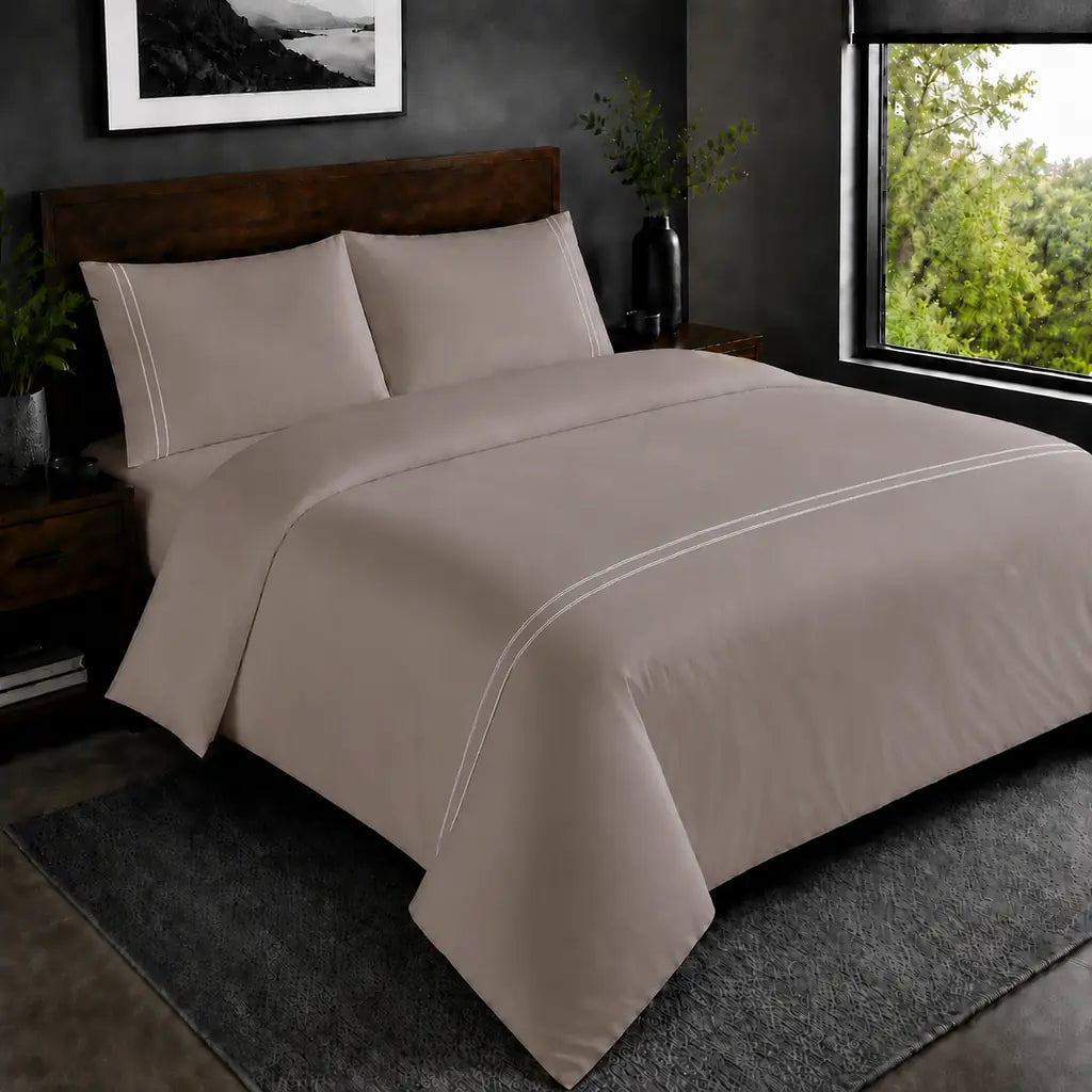 Stone 200TC plain duvet cover with Cream two row satin stitch - hero - Linen and Co