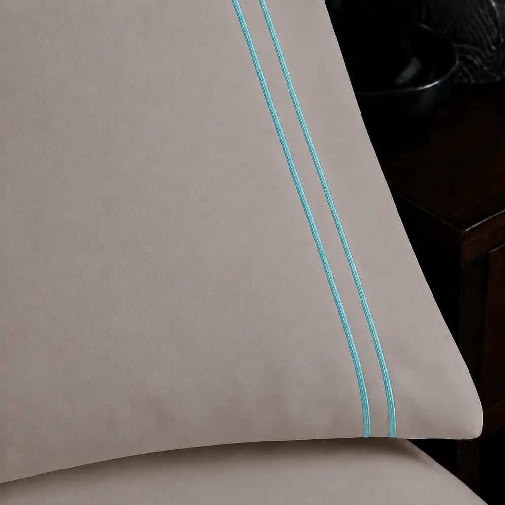 Stone 200TC plain duvet cover with Duck Egg two row satin stitch - close-up satin stitch - Linen and Co