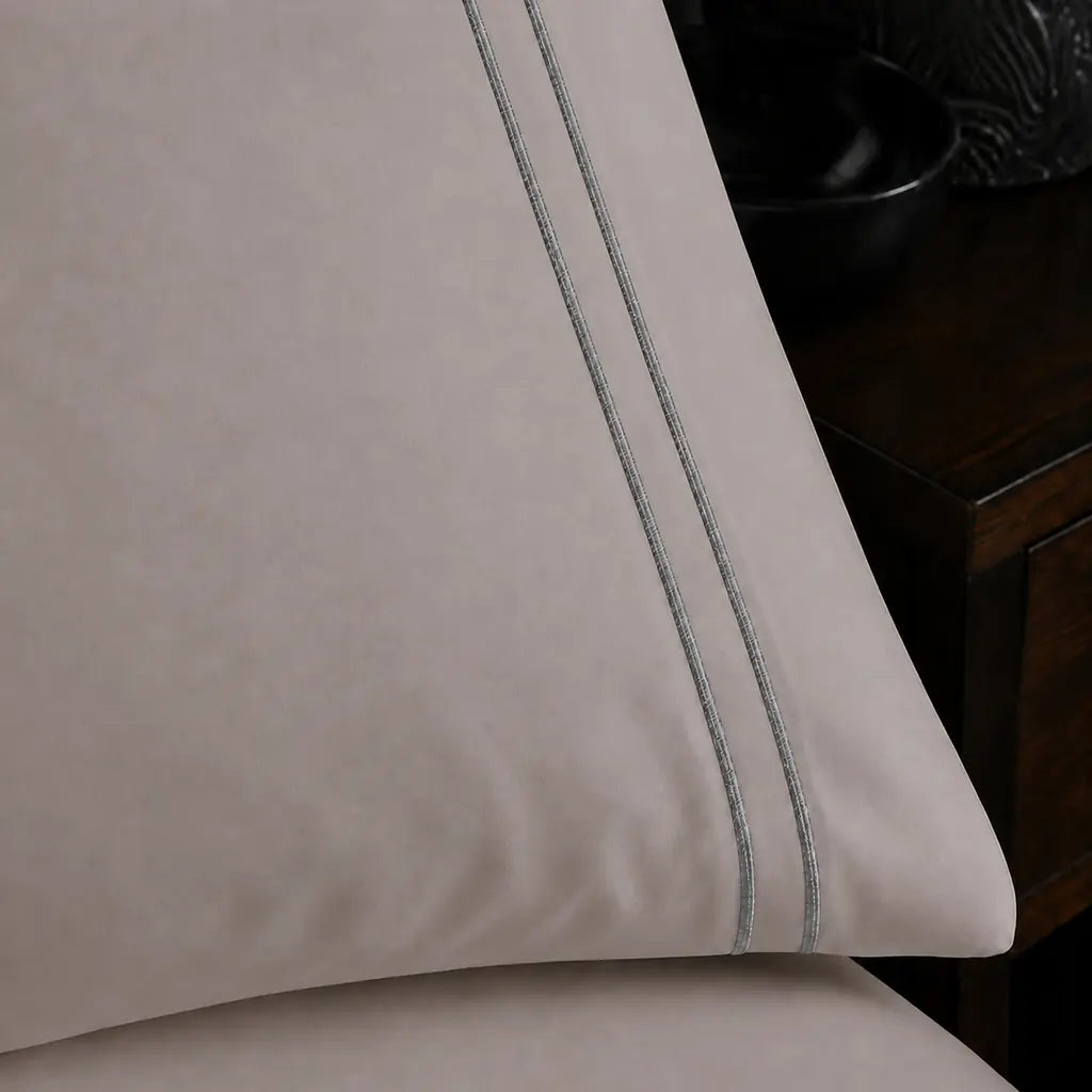 Stone 200TC plain duvet cover with Grey two row satin stitch - close-up satin stitch - Linen and Co
