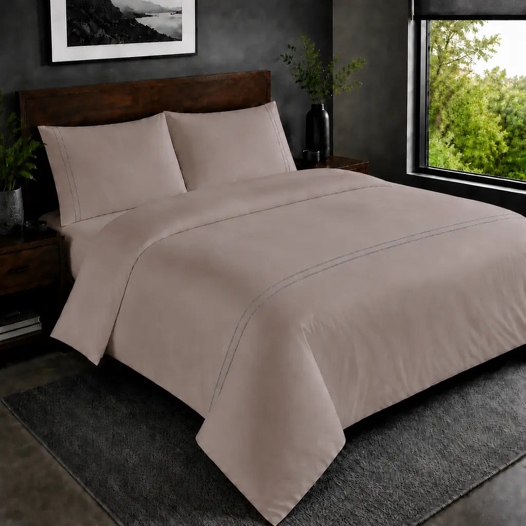 Stone 200TC plain duvet cover with Grey two row satin stitch - hero - Linen and Co