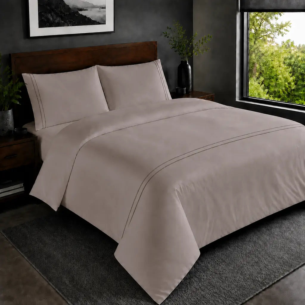 Stone 200TC plain duvet cover with Stone two row satin stitch - hero - Linen and Co
