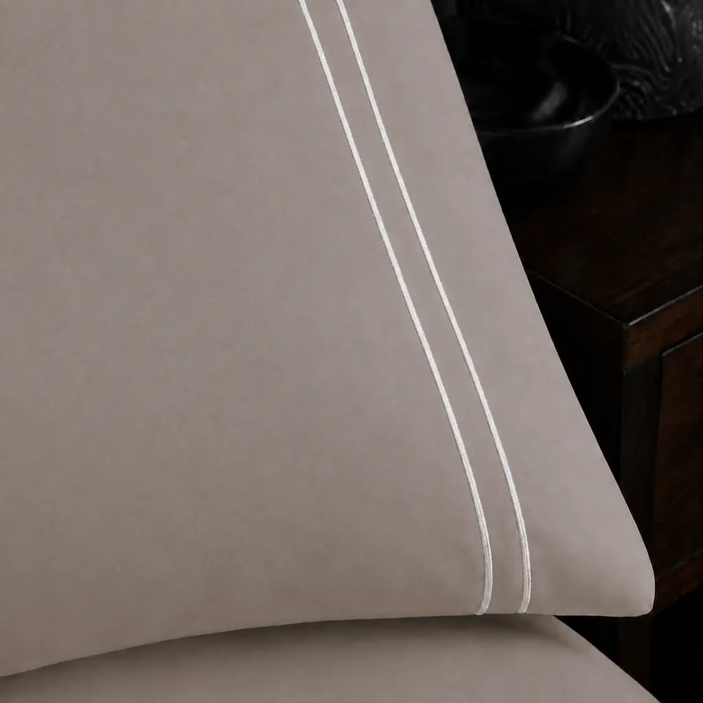 Stone 200TC plain duvet cover with White two row satin stitch - close-up satin stitch - Linen and Co
