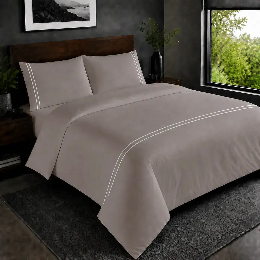 Stone 200TC plain duvet cover with White two row satin stitch - hero - Linen and Co