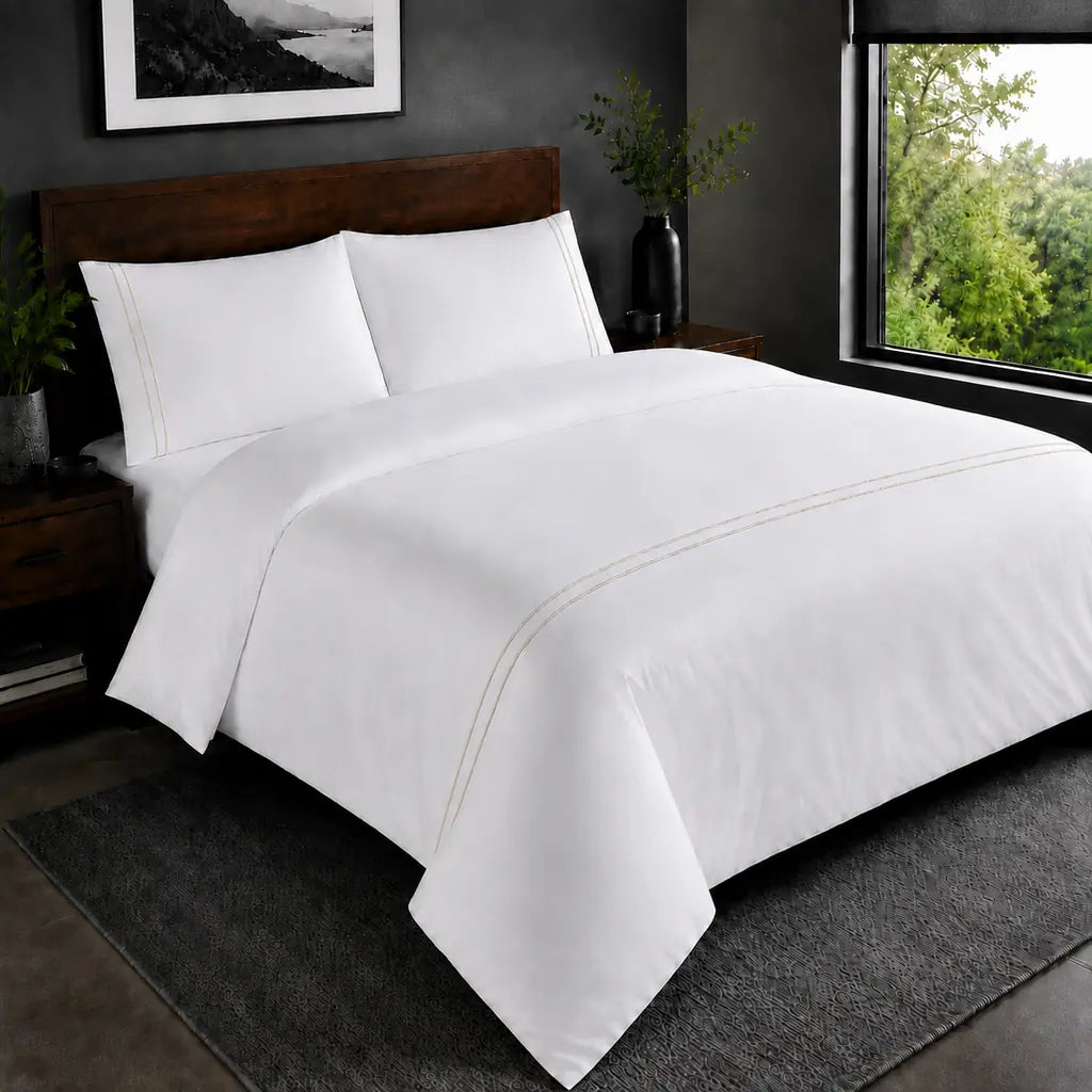 White 200TC plain duvet cover with Cream two row satin stitch - hero - Linen and Co