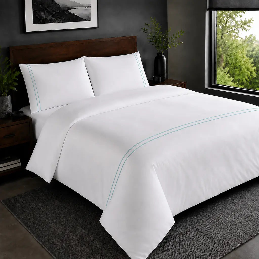 White 200TC plain duvet cover with Duck Egg two row satin stitch - hero - Linen and Co