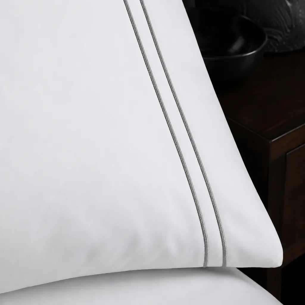 White 200TC plain duvet cover with Grey two row satin stitch - satin stitch close-up - Linen and Co