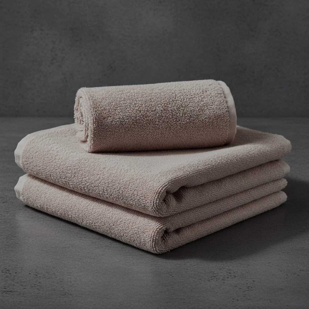 Pebble Glodina snag-free bath towels stacked - premium hospitality bath linen by Linen and Co