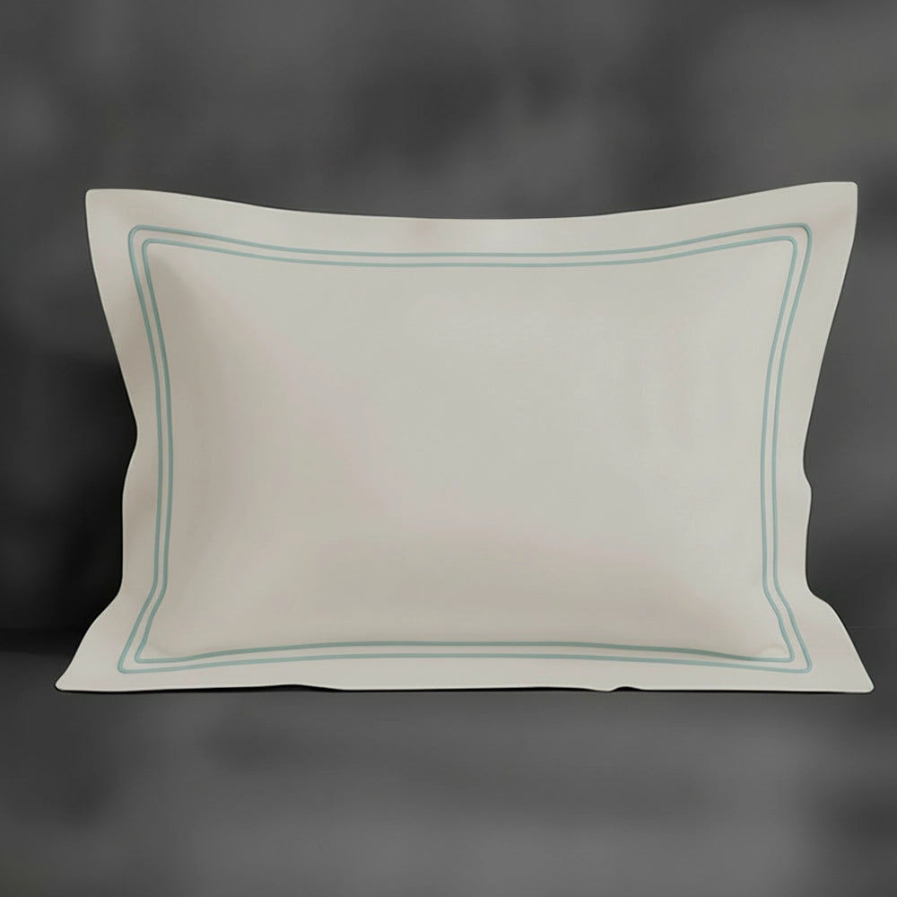 Cream Oxford pillowcase with duck egg double satin stitch by Linen and Co - premium bed linen