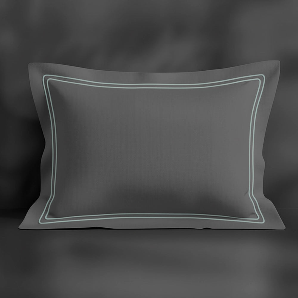 Grey Oxford pillowcase with duck egg double satin stitch by Linen and Co - premium bed linen