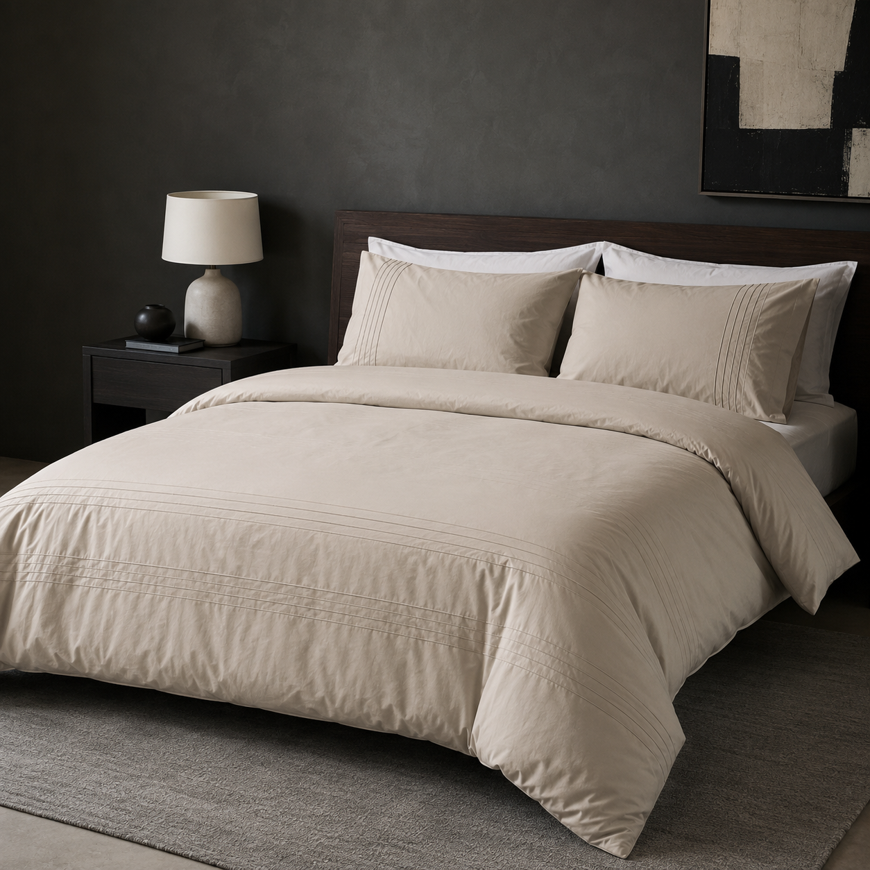 Stone cotton pintuck duvet cover set styled on a bed