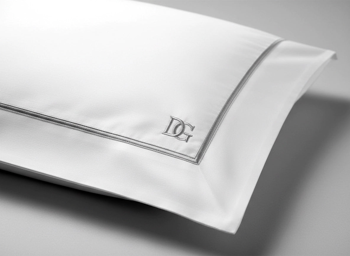 Embroidered monogram and placement guide on white linen