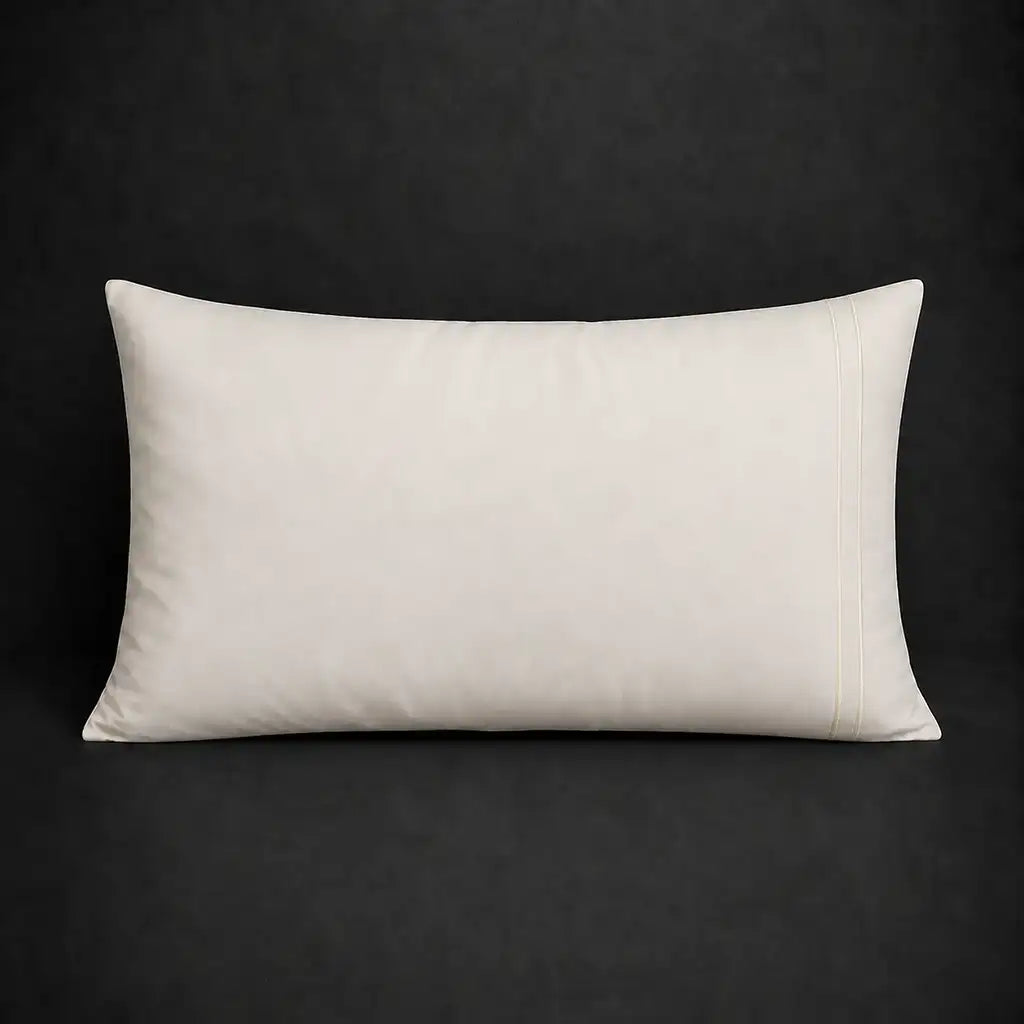 Cream plain 200TC 100% cotton percale pillowcase for Standard and King sizes with two row cream satin stitch border by Linen and Co