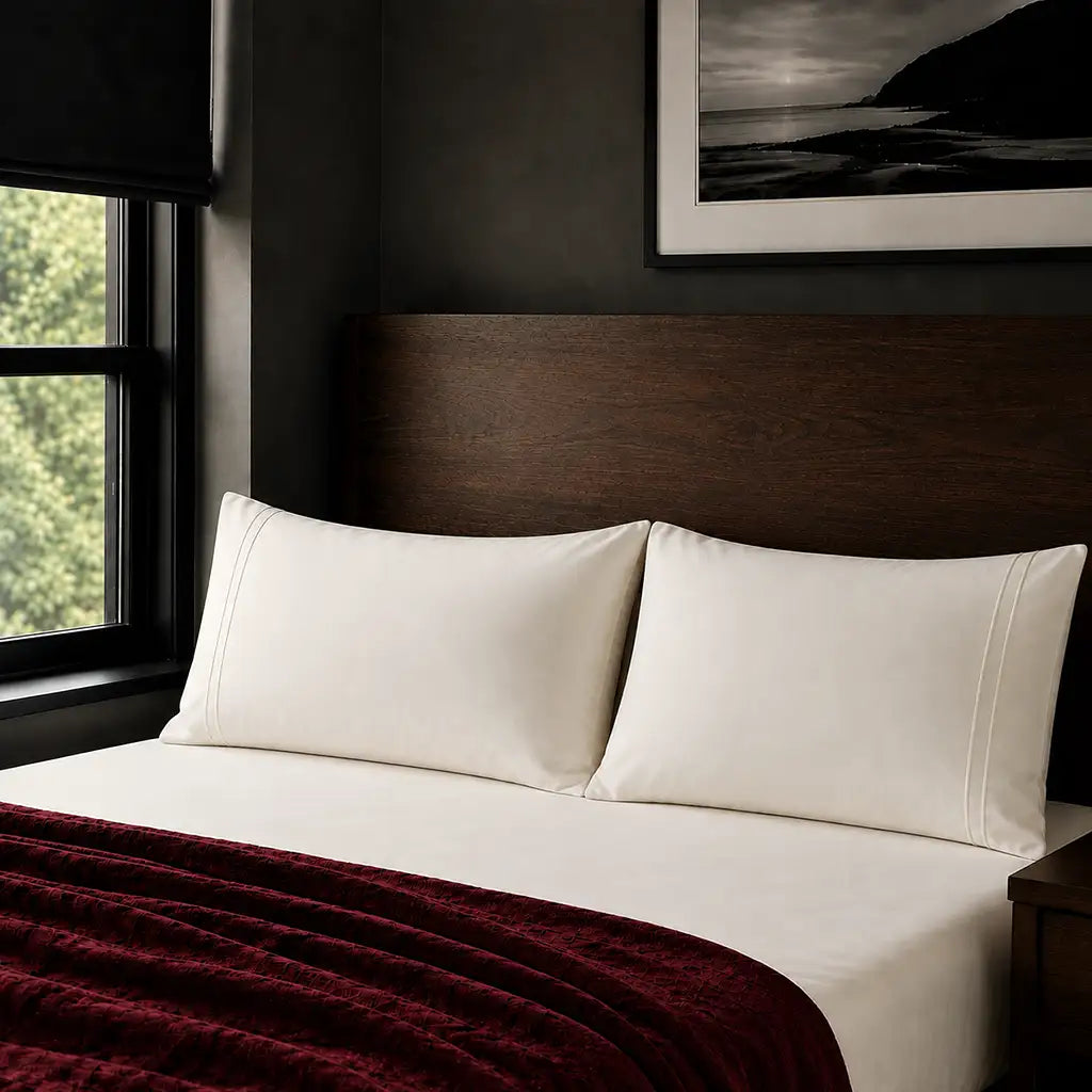 Plain cream 200TC polycotton percale pillowcases with two row cream satin stitch border by Linen and Co