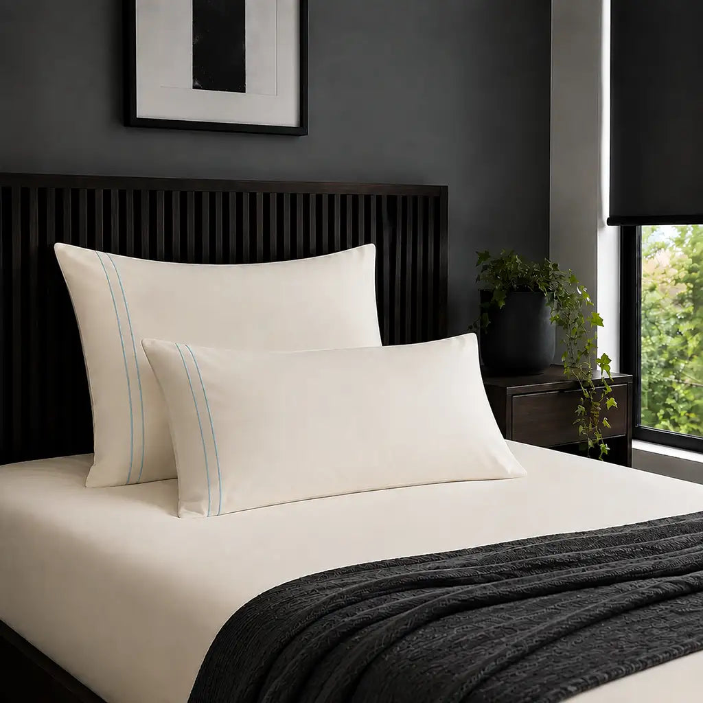 Plain cream 200TC 100% cotton percale pillowcases with two row duck egg satin stitch border by Linen and Co