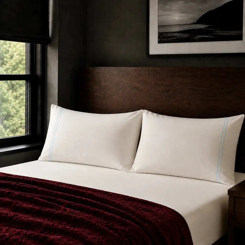 Plain cream 200TC polycotton percale pillowcases with two row duck egg satin stitch border by Linen and Co