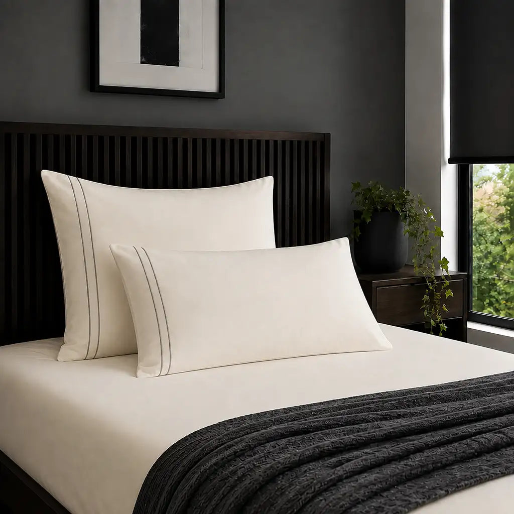 Plain cream 200TC 100% cotton percale pillowcases with two row grey satin stitch border by Linen and Co