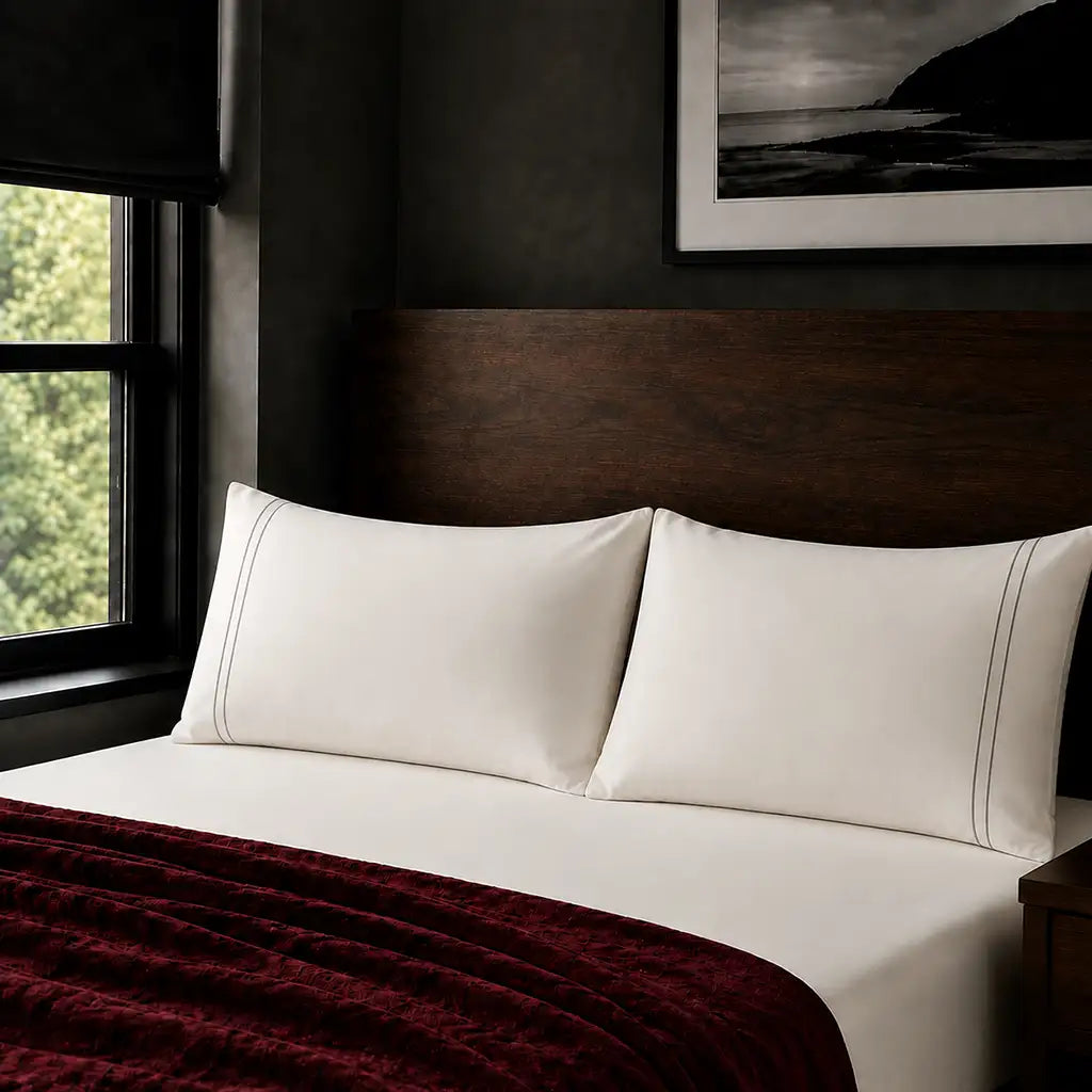 Plain cream 200TC polycotton percale pillowcases with two row grey satin stitch border by Linen and Co