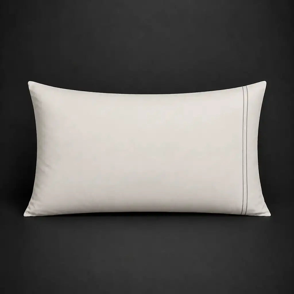 Cream plain 200TC polycotton percale pillowcase for Standard and King sizes with two row grey satin stitch border by Linen and Co