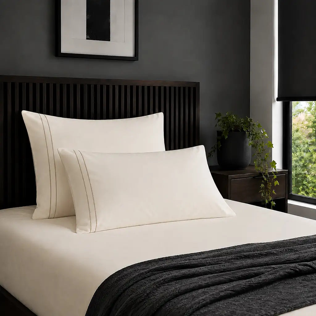 Plain cream 200TC 100% cotton percale pillowcases with two row stone satin stitch border by Linen and Co