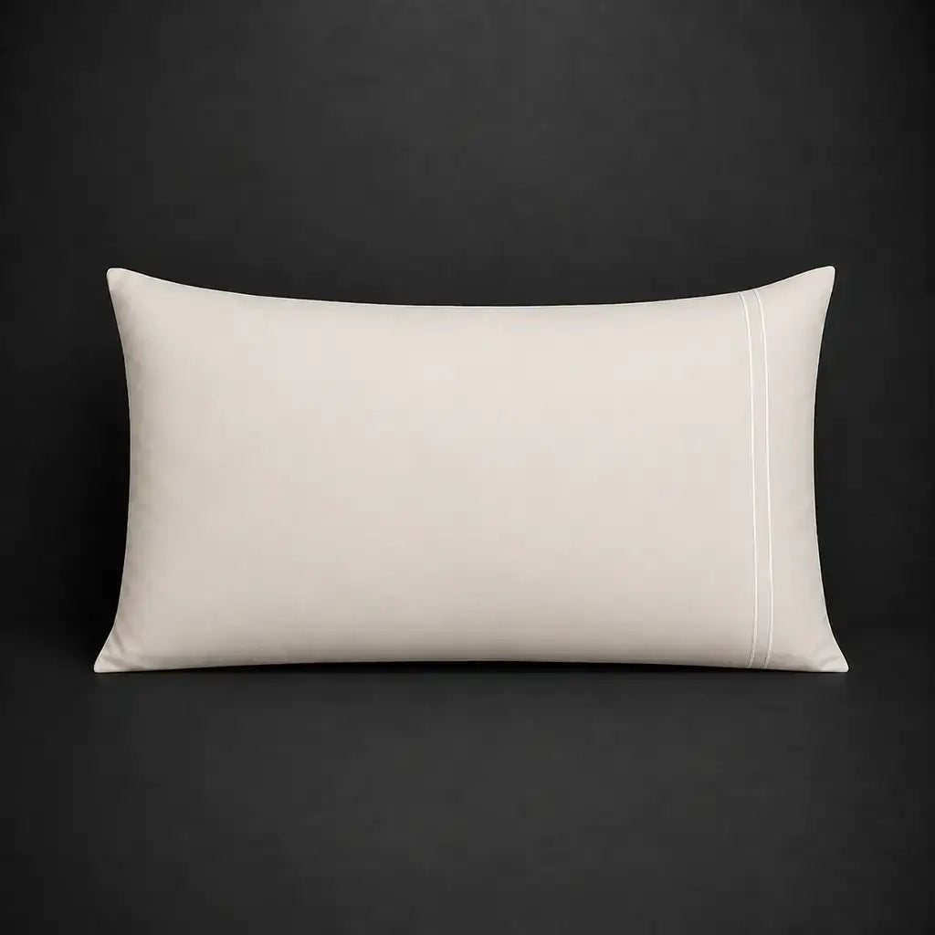 Cream plain 200TC 100% cotton percale pillowcase for Standard and King sizes with two row white satin stitch border by Linen and Co