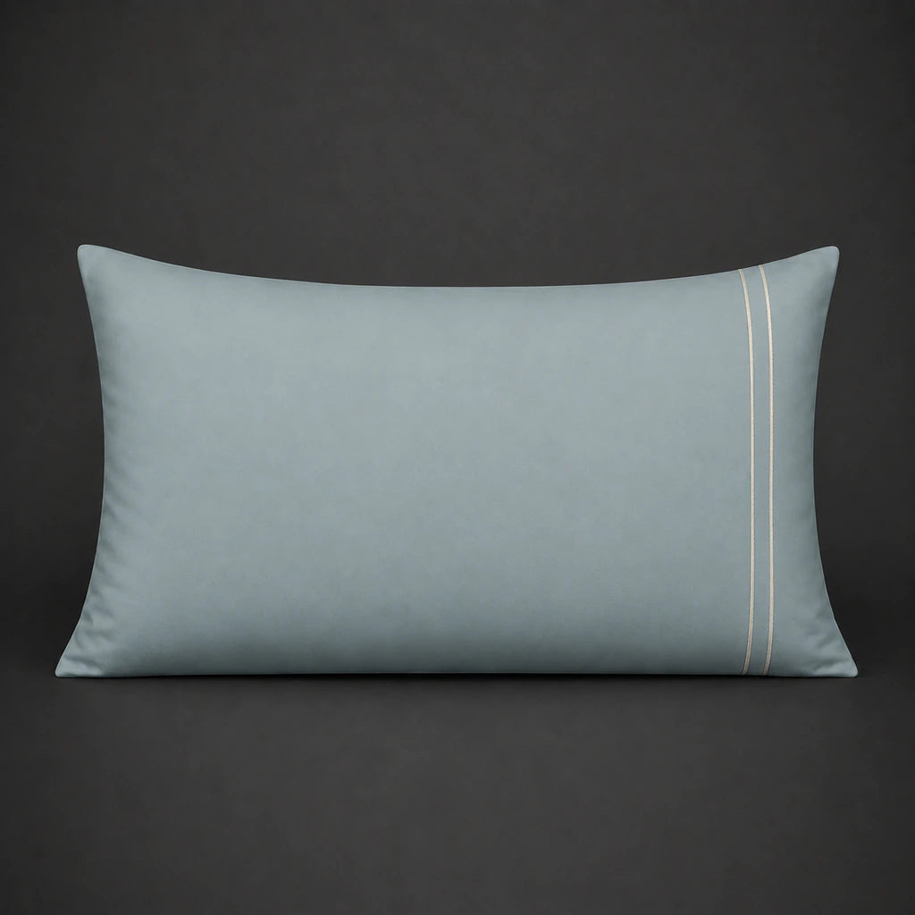 Duck Egg plain 200TC polycotton percale pillowcase for Standard and King sizes with two row cream satin stitch border by Linen and Co